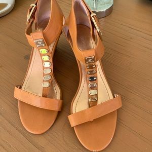 Orange and gold wedge sandals